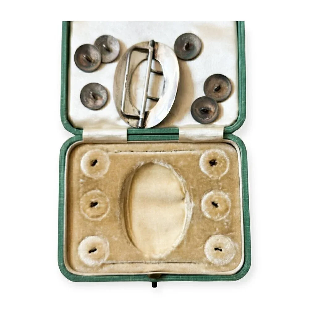 Edwardian Sterling Silver Blue Enamel Buckle and Button Set, Birmingham 1910